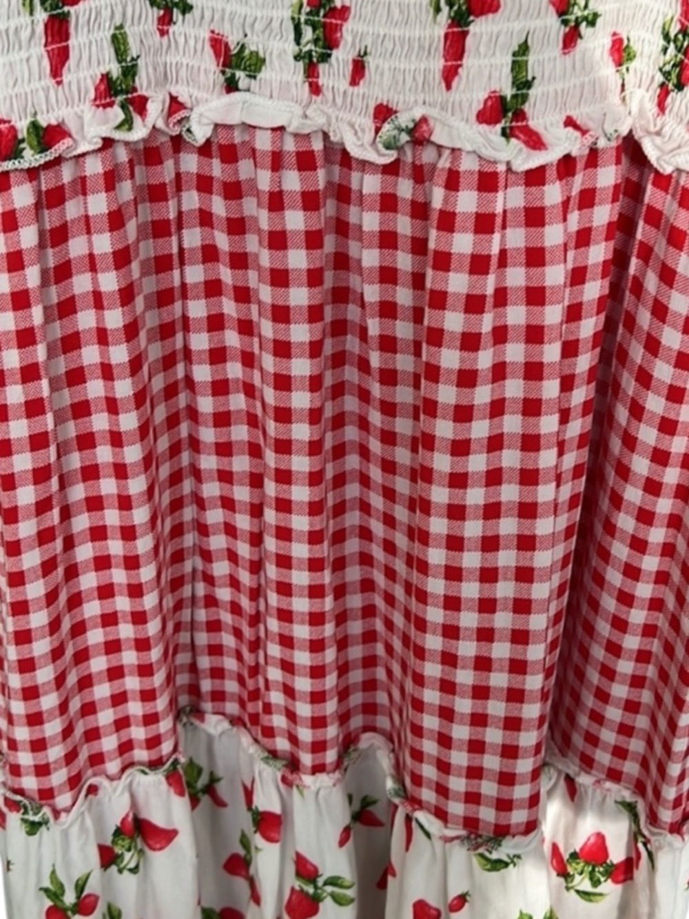 BEBOP Red Gingham & Strawberry Print Tie-Shoulder Maxi Dress Size Medium - Picture 3 of 7